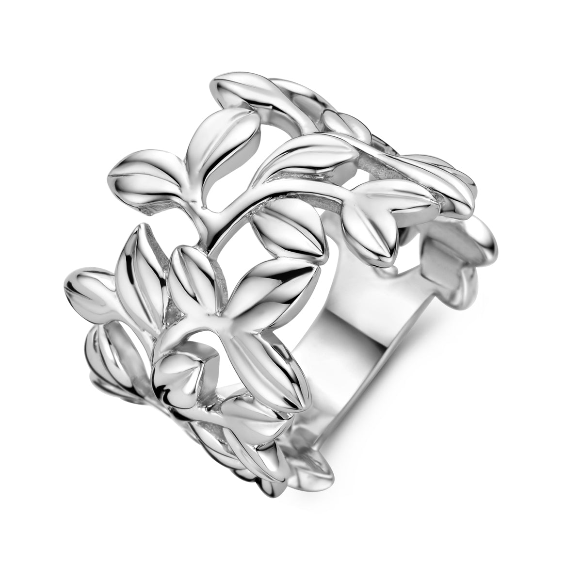 Schuin bovenaanzicht van de zilveren brede ring met bladeren.