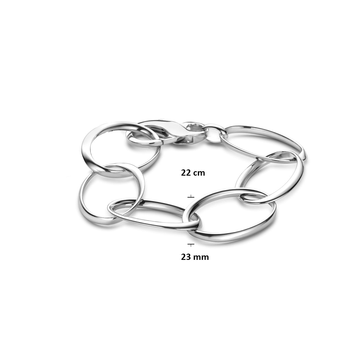 Afmetingen van de zilveren chunky ankerarmband: 22 cm lang en 23 mm breed.
