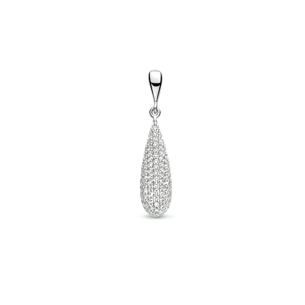 Vooraanzicht van de 925 gerhodineerd zilveren druppel hanger pavé zirkonia, 35 mm hoog en 7,5 mm breed.