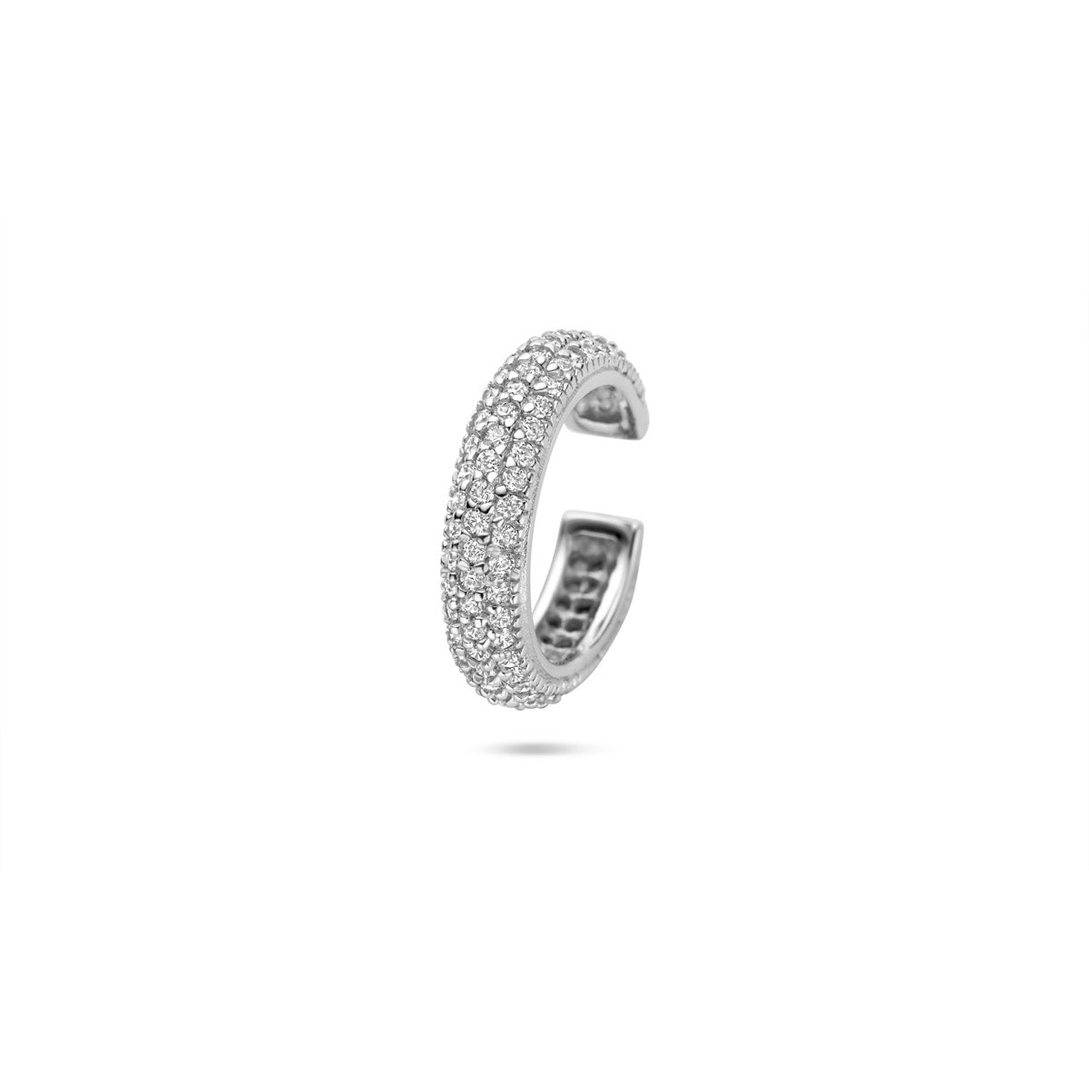 Vooraanzicht van de zilveren ear cuff met zirkonia.