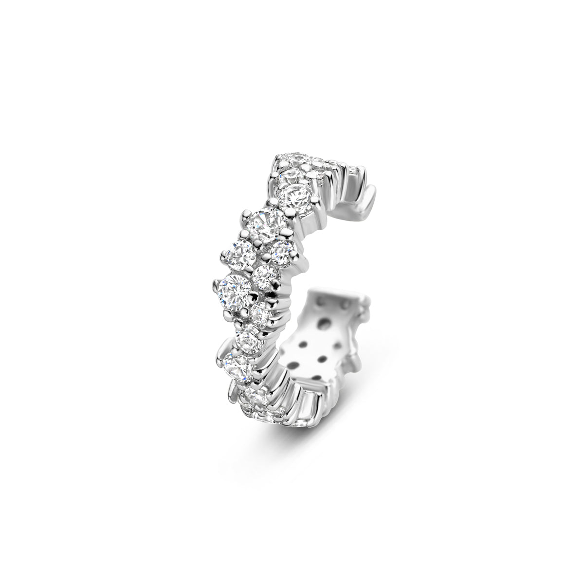Vooraanzicht van de zilveren ear cuff met zirkonia.