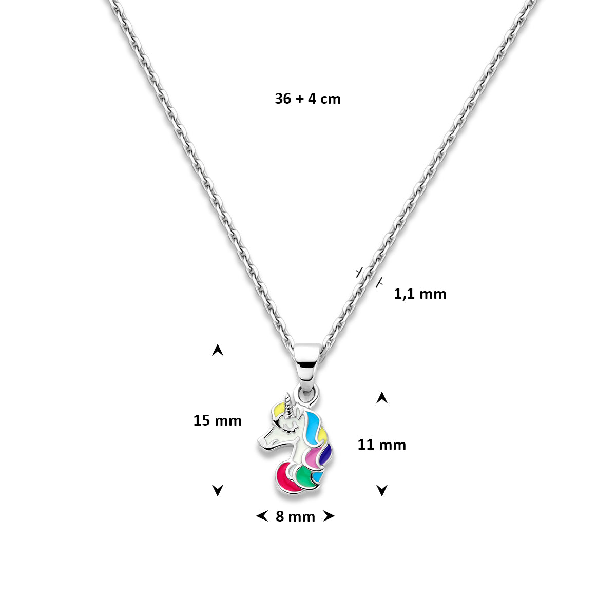 Afmetingen van de zilveren eenhoorn ketting met gekleurde emaille: 36 cm plus 4 cm verlenging, schakel 1,1 mm en hanger 15 mm hoog.
