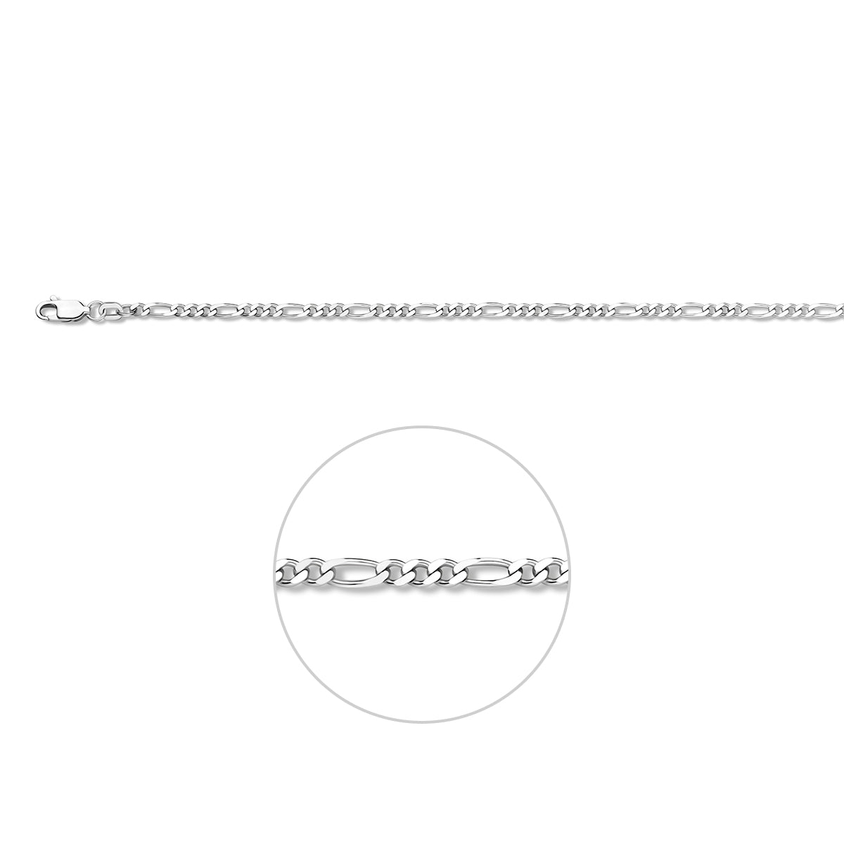 Zilveren figaro armband: 925 gerhodineerd zilveren figaro armband van 2,7 mm breed, vooraanzicht