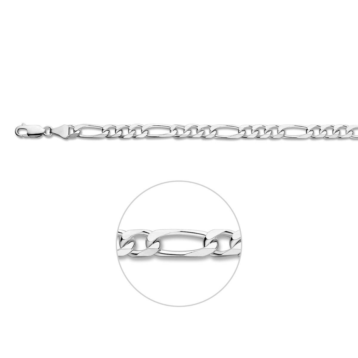 Zilveren figaro armband: 925 gerhodineerd zilveren figaro armband van 6,0 mm breed, vooraanzicht