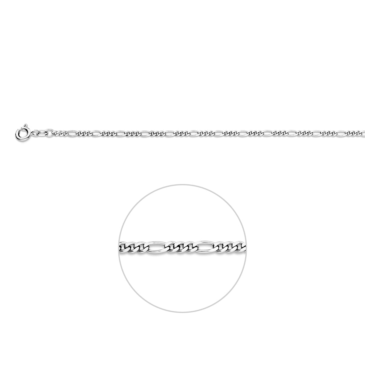 Figaro ketting heren: 925 gerhodineerd zilveren figaro halsketting van 2,2 mm breed, vooraanzicht