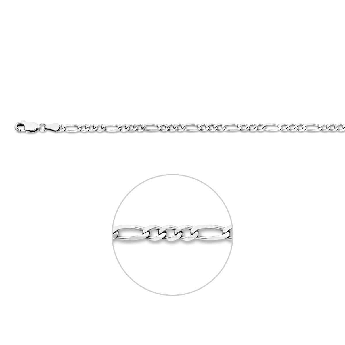 Zilveren figaro ketting: 925 gerhodineerd zilveren figaro halsketting van 3,3 mm breed, vooraanzicht