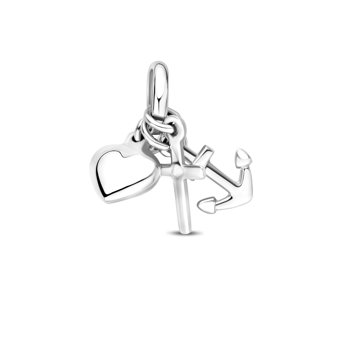 Vooraanzicht van de zilveren geloof hoop liefde hanger.