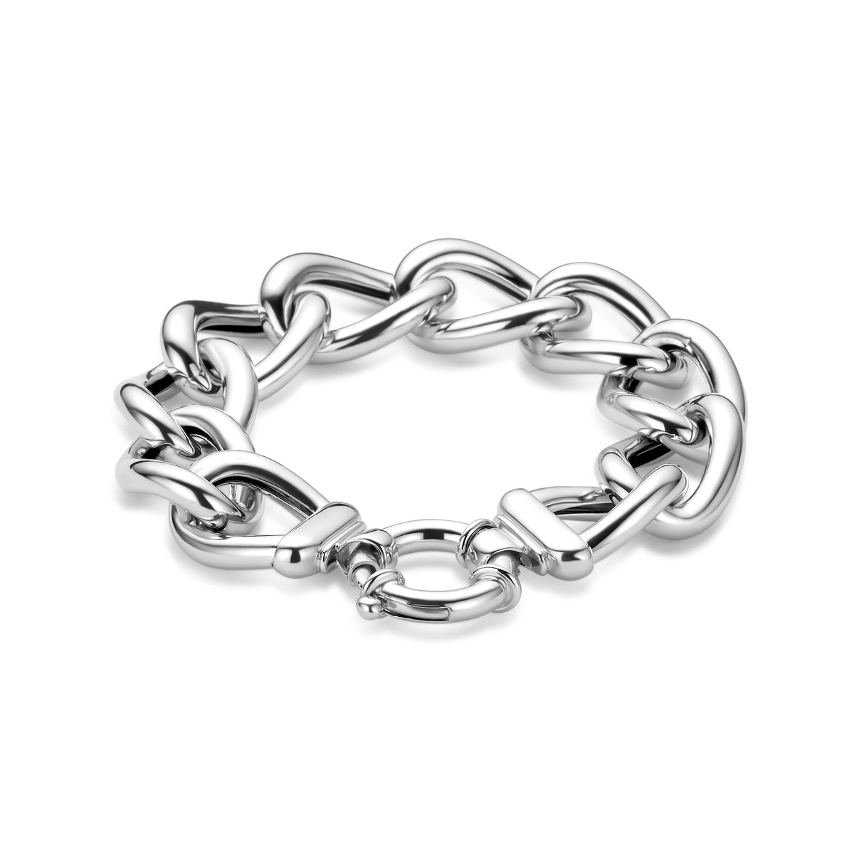 Vooraanzicht van de zilveren gourmet armband met groot slot.