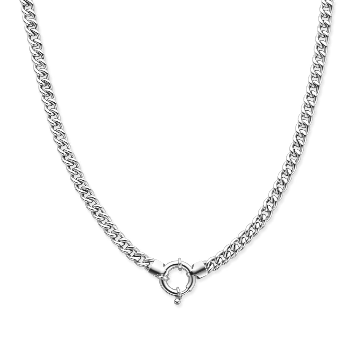 Vooraanzicht van de zilveren gourmet ketting.
