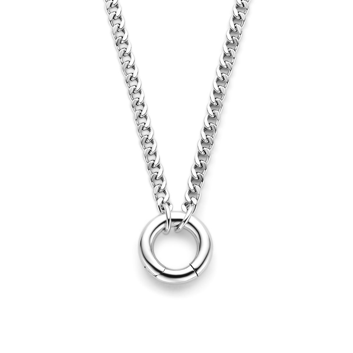 Vooraanzicht van de zilveren gourmet ketting met connector.