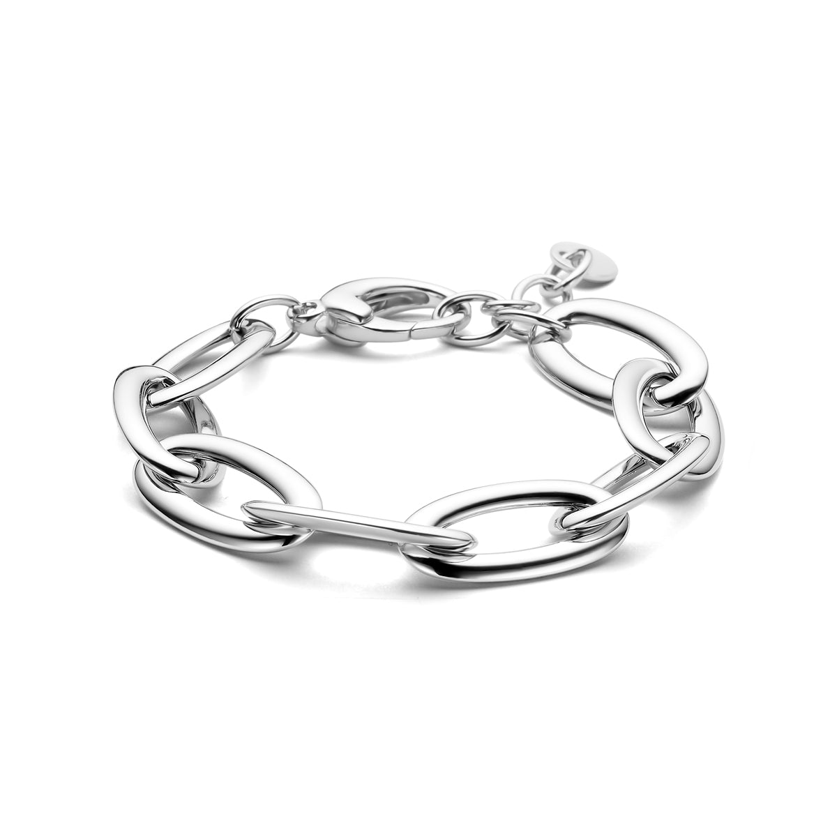 Vooraanzicht van de zilveren grove ankerarmband.
