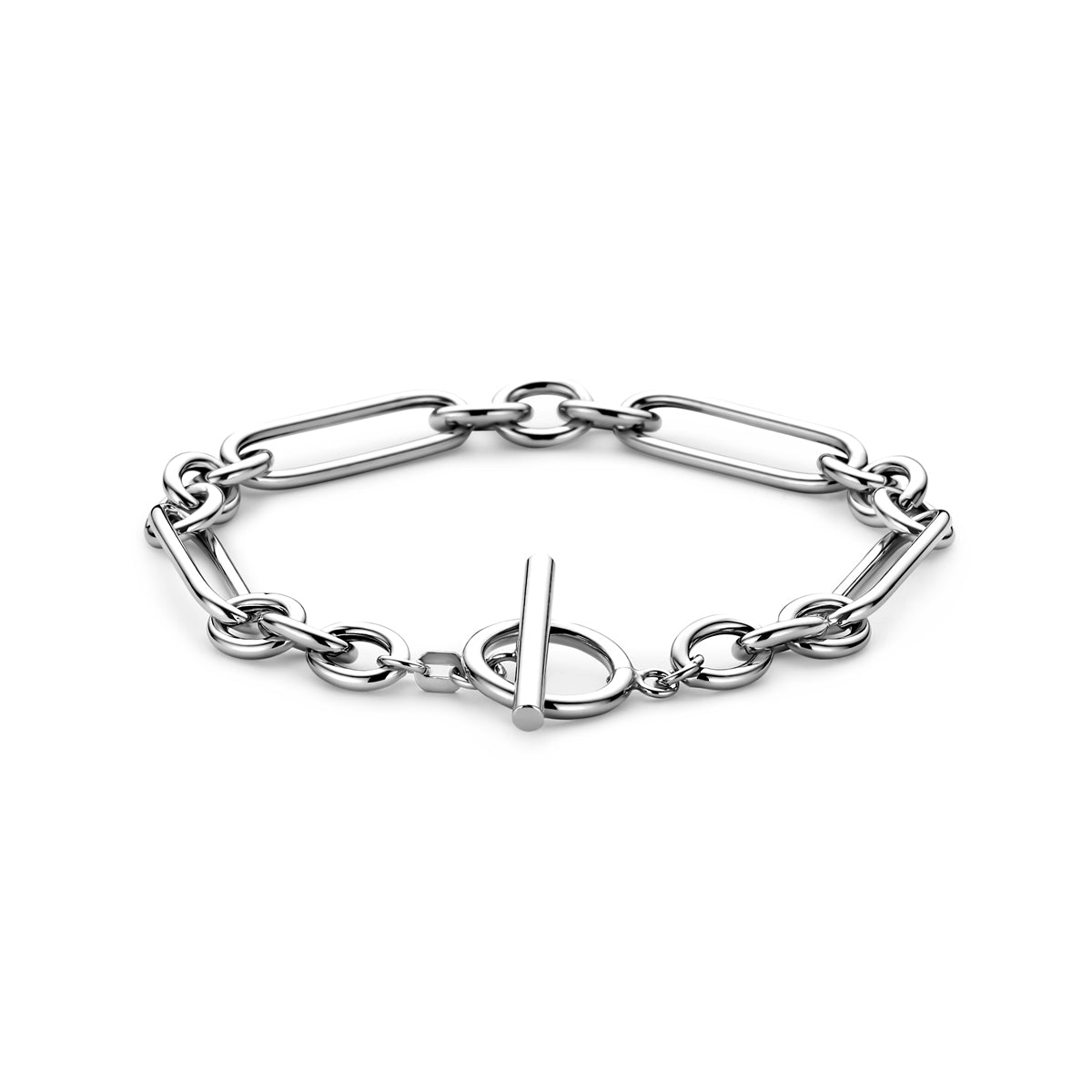Vooraanzicht van de zilveren grove ankerarmband.