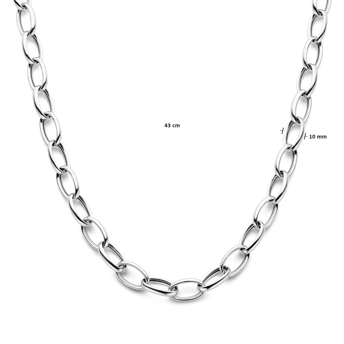 Afmetingen van de zilveren grove ankerketting: 43 cm lang en 10 mm breed.