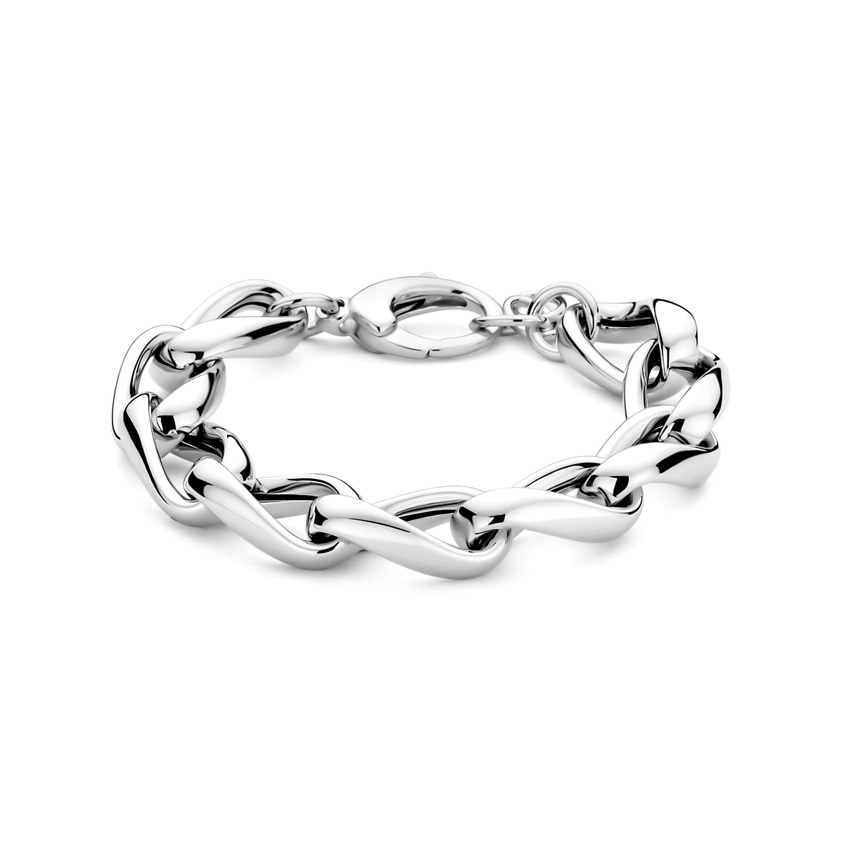 Vooraanzicht van de zilveren grove schakelarmband.