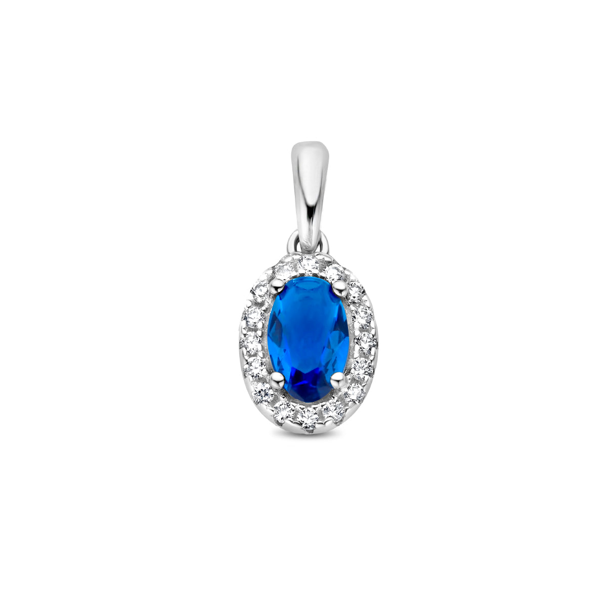 Vooraanzicht van de zilveren halo hanger met blauwe steen.