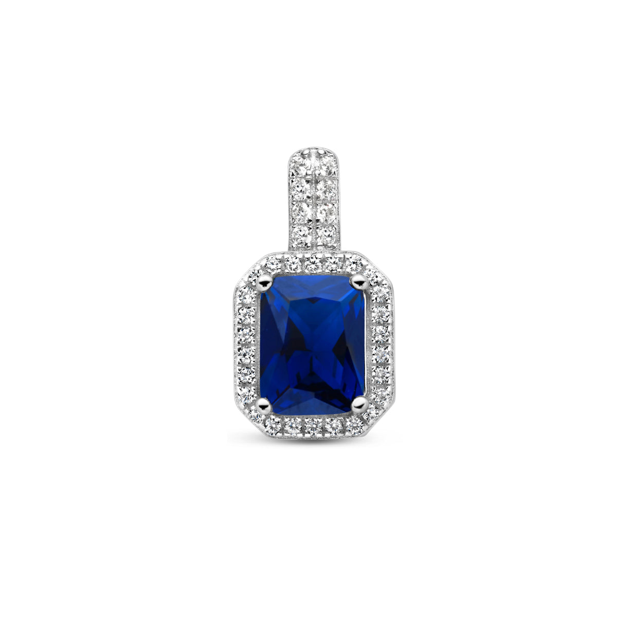Vooraanzicht van de 925 gerhodineerd zilveren halo hanger met blauwe zirkonia, 17,5 mm hoog en 9,5 mm breed.