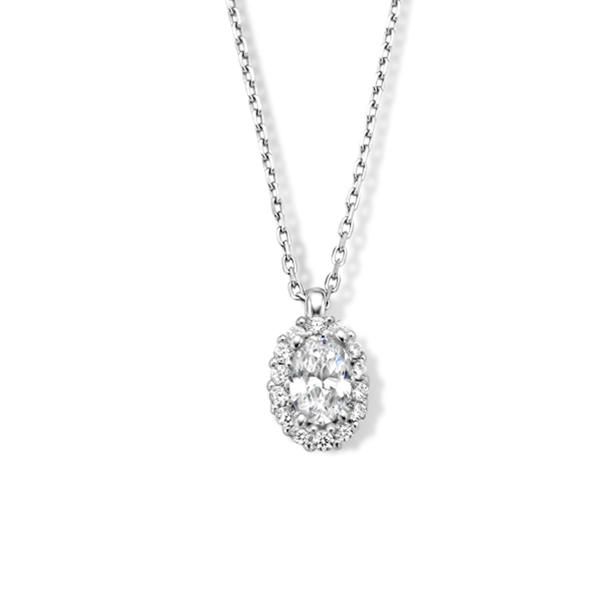 Vooraanzicht van de zilveren halo ketting met zirkonia hanger.
