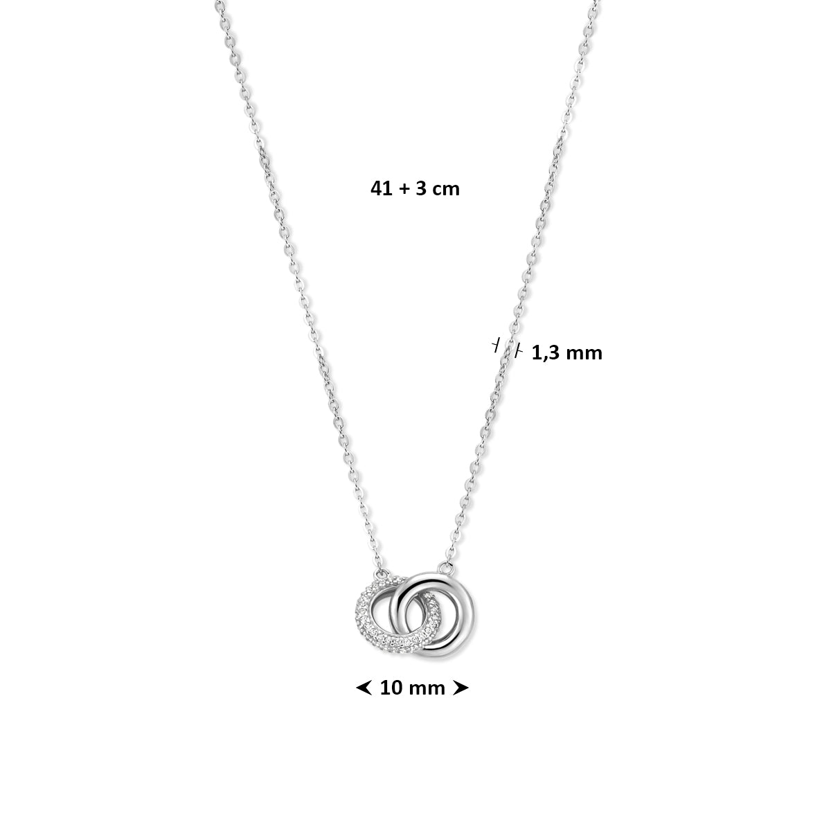 Zilveren ketting met rondjes: afmetingen van de gerhodineerd zilveren ketting met rondjes en zirkonia.