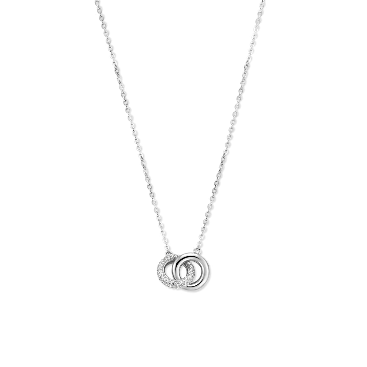 Zilveren ketting met rondjes: vooraanzicht van de gerhodineerd zilveren ketting met rondjes en zirkonia.