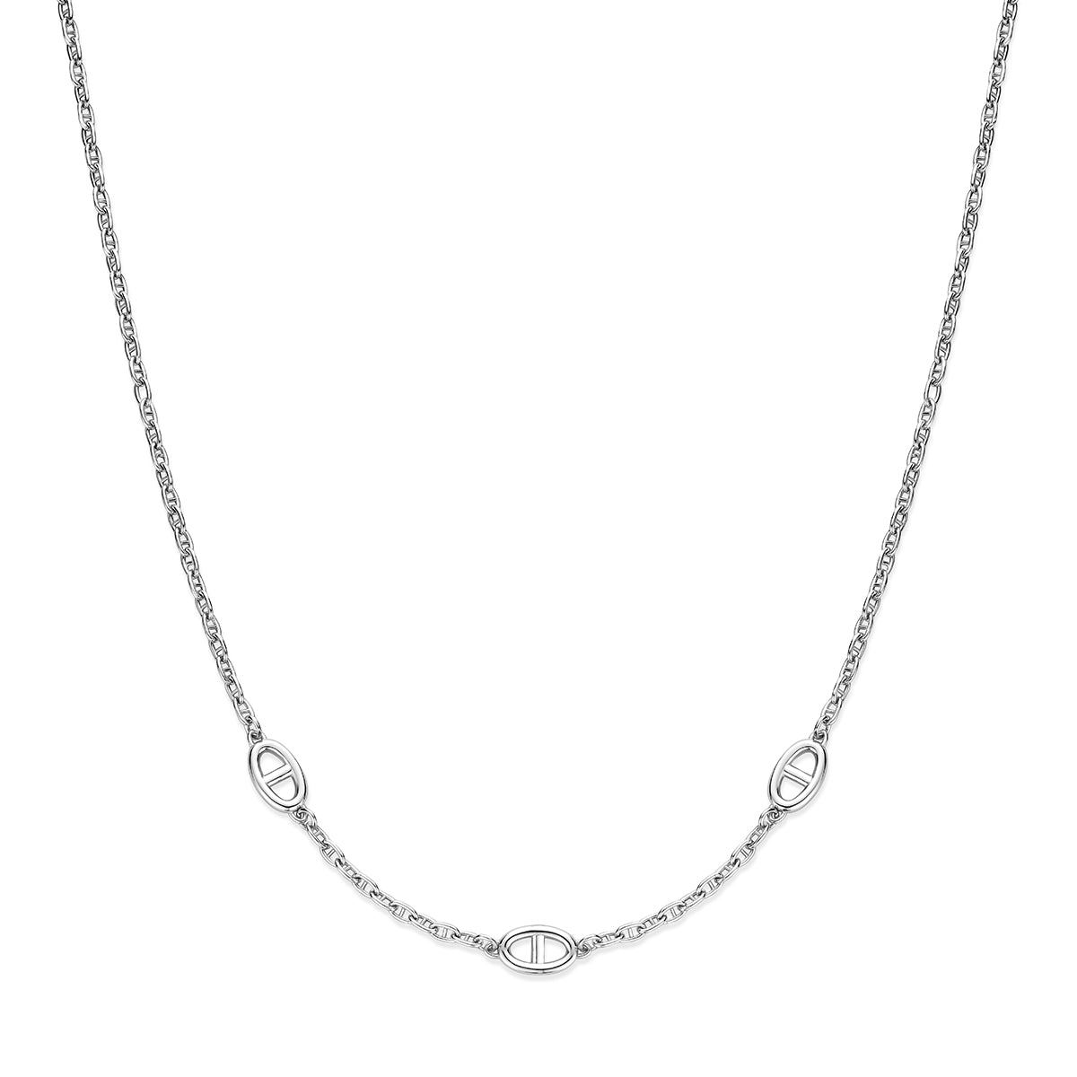 Zilveren schakelketting dames: vooraanzicht van de gerhodineerd zilveren ankerketting met ovale schakels.