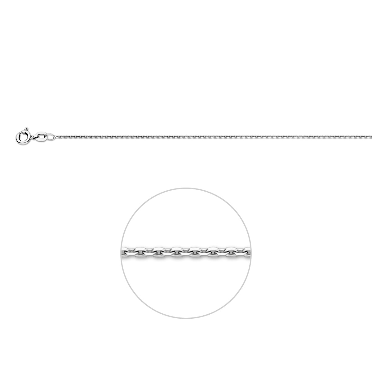Zilveren ankerketting: 925 gerhodineerd zilveren gediamanteerde ankerhalsketting van 1,1 mm breed, vooraanzicht (42, 45 en 50 cm)