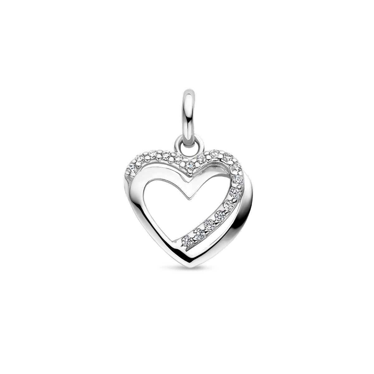 Vooraanzicht van de 925 gerhodineerd zilveren hanger dubbel hart zirkonia, 17 mm hoog en 12 mm breed.