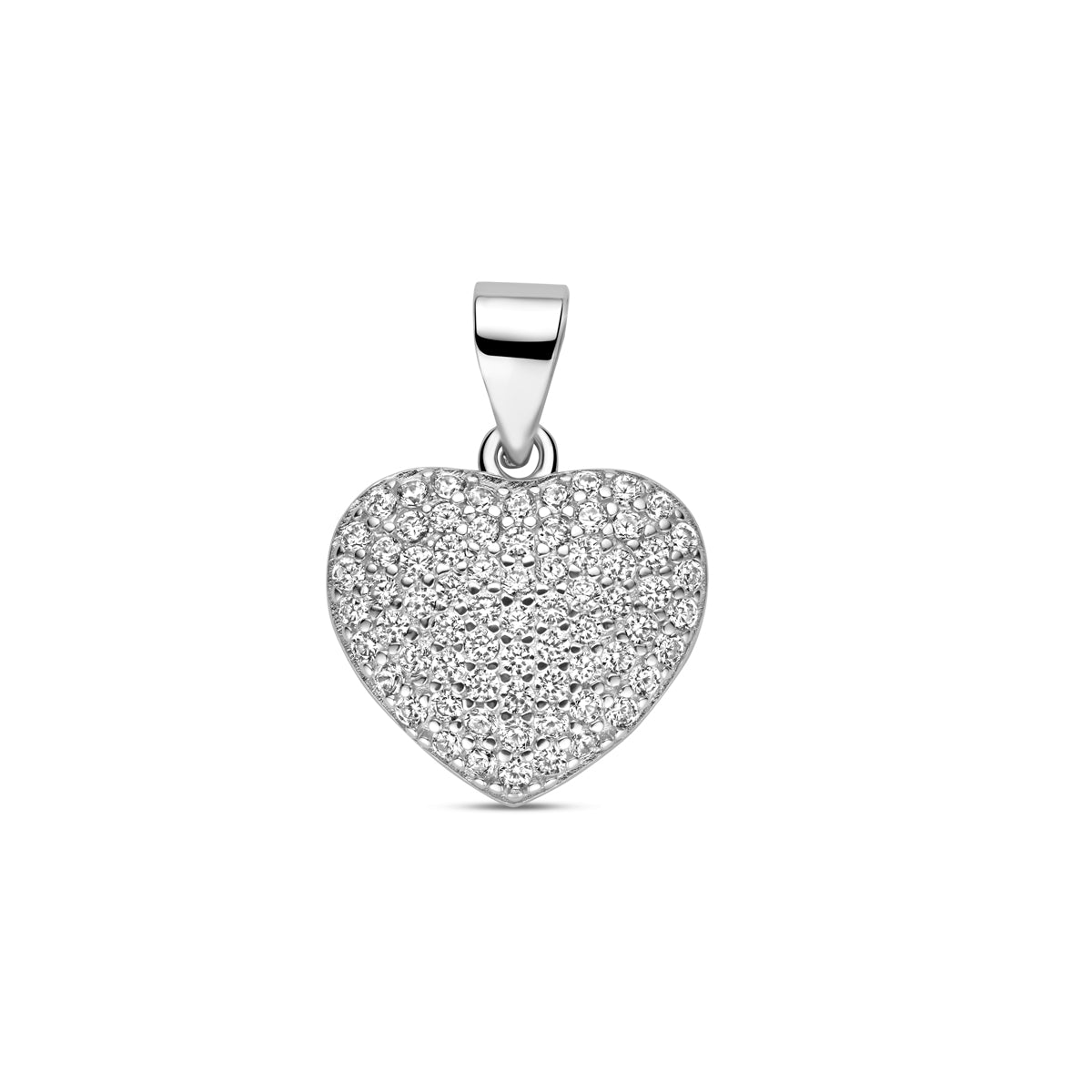 Vooraanzicht van de 925 gerhodineerd zilveren hanger hart zirkonia pavézetting, 12 mm hoog en 13,5 mm breed.