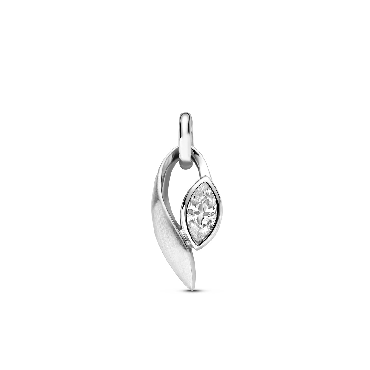Zilveren hanger met zirkonia: vooraanzicht van de 925 gerhodineerd zilveren hanger met marquise zirkonia.
