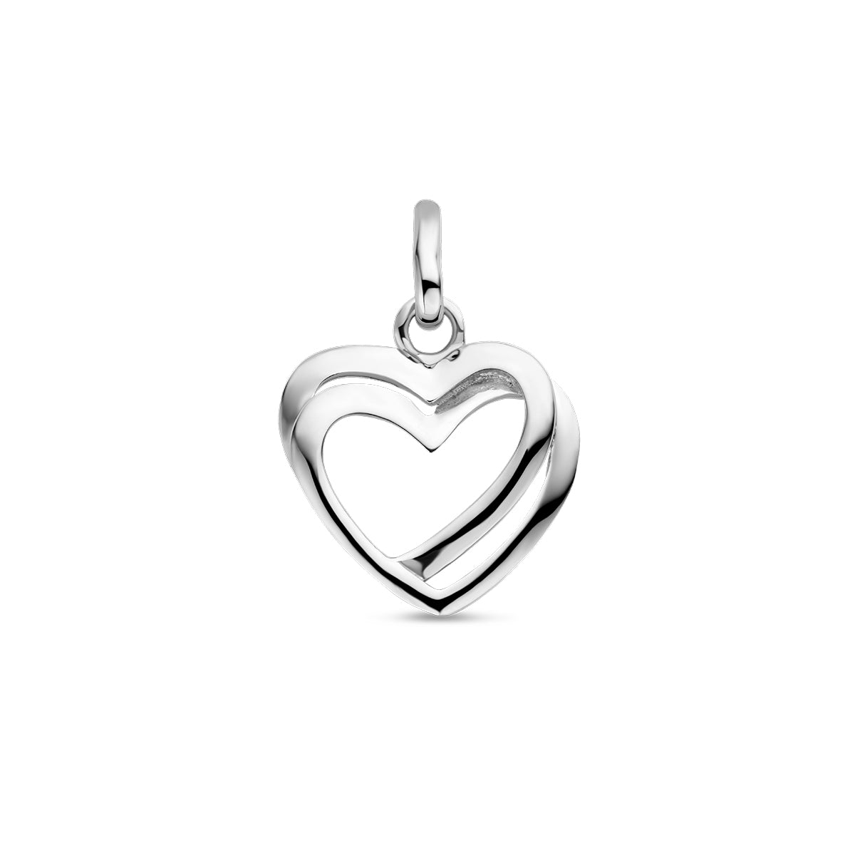 Vooraanzicht van de 925 gerhodineerd zilveren hanger open hart glad, 17 mm hoog en 12 mm breed.