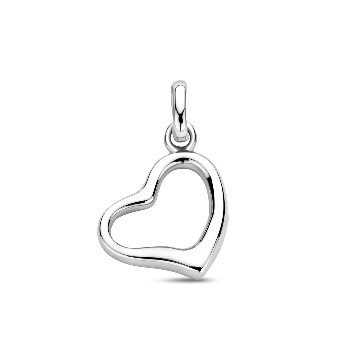 Vooraanzicht van de 925 gerhodineerd zilveren hanger open hart, 10 mm hoog en 10 mm breed.