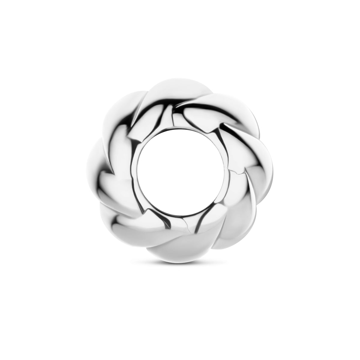 Zijaanzicht van het zilveren hangertje voor ketting: een gedraaide rondel.