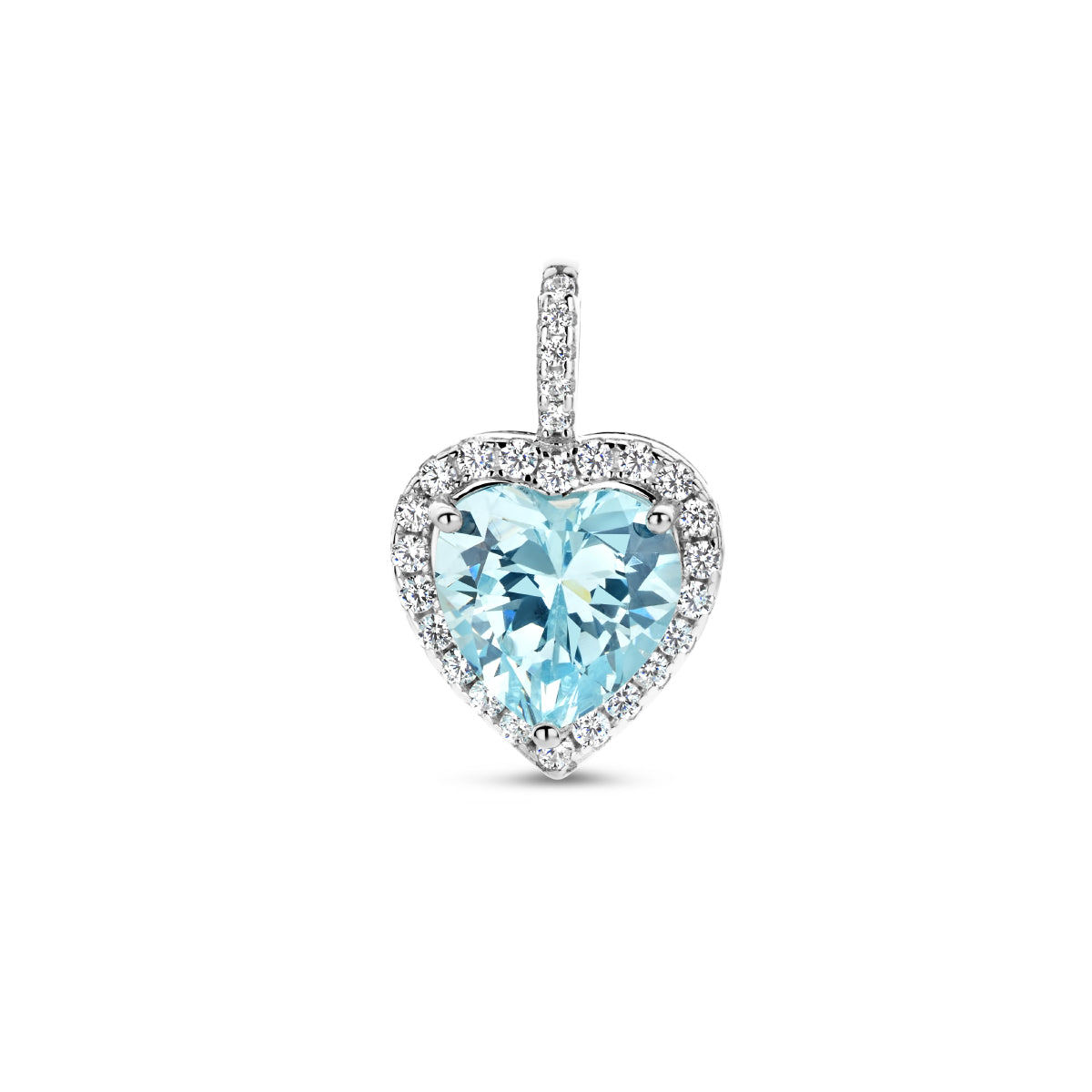 Vooraanzicht van de 925 gerhodineerd zilveren hart hanger met blauwe zirkonia, 17 mm hoog en 11 mm breed.