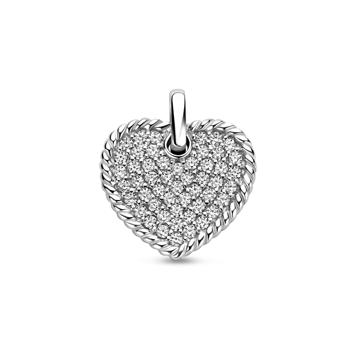 Vooraanzicht van de zilveren hartje hanger met pavé zirkonia.