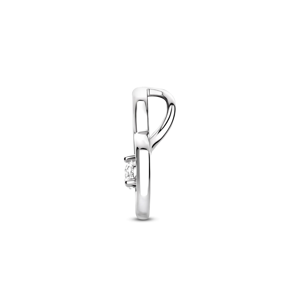 Hartje hanger: zijaanzicht van de gerhodineerd zilveren open hartje hanger met zirkonia.