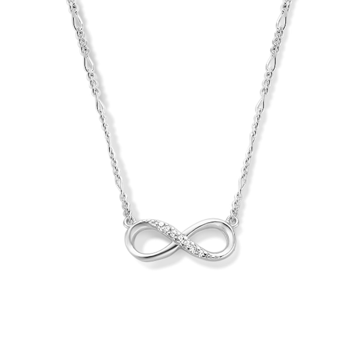 Vooraanzicht van de 925 gerhodineerd zilveren infinity ketting met zirkonia, 6 mm hoog en 15 mm breed.