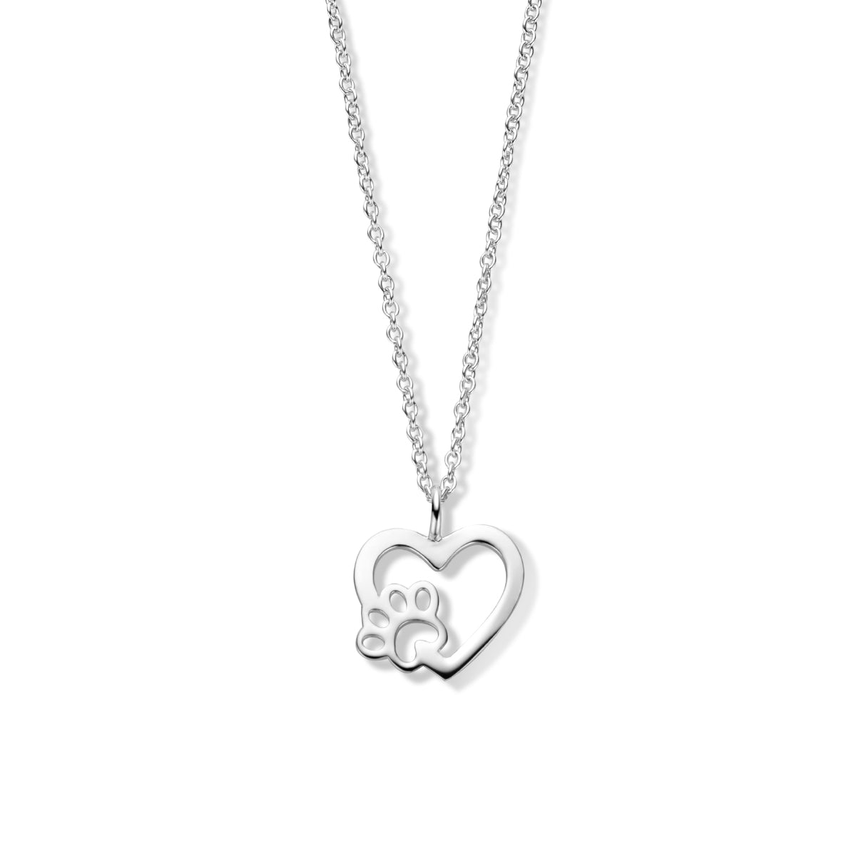 Vooraanzicht van de zilveren ketting met hart en hondenpootje.