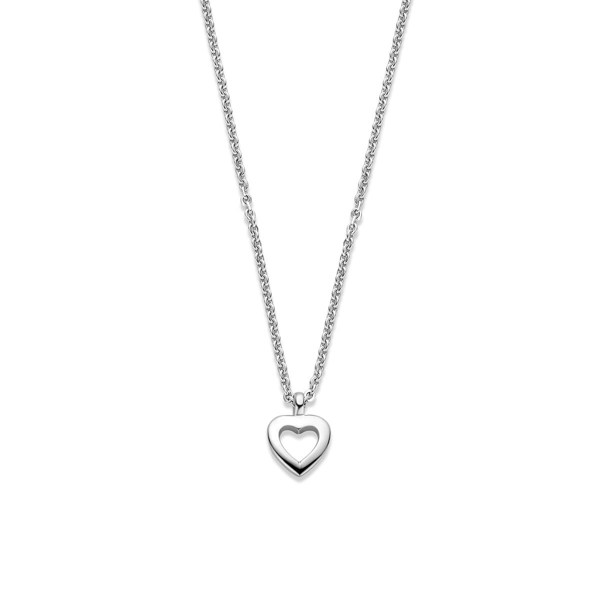 Vooraanzicht van de 925 gerhodineerd zilveren ketting met hartje, 9 mm hoog en 6,5 mm breed.