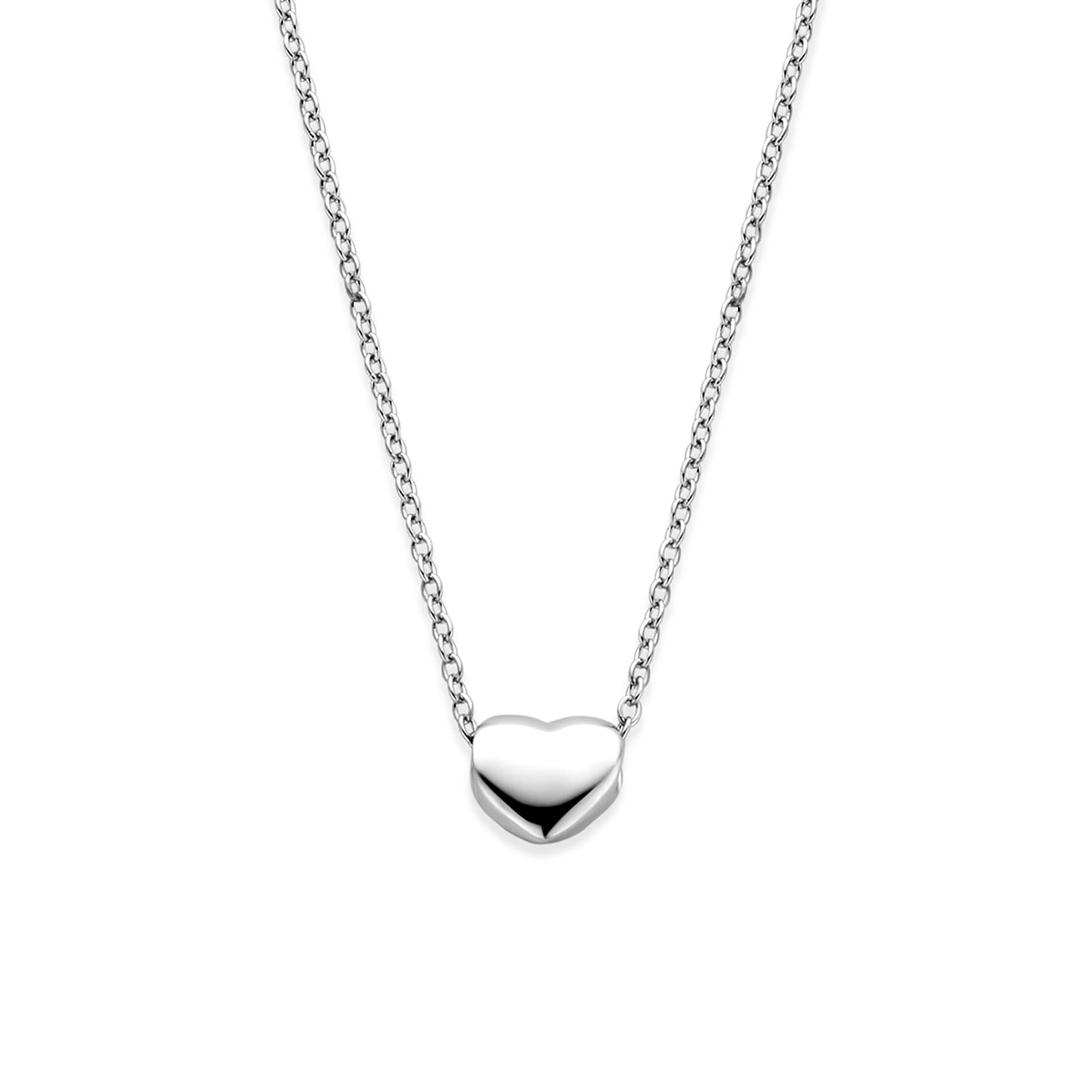 Vooraanzicht van de 925 gerhodineerd zilveren ketting met hartje, 7 mm hoog en 8 mm breed.
