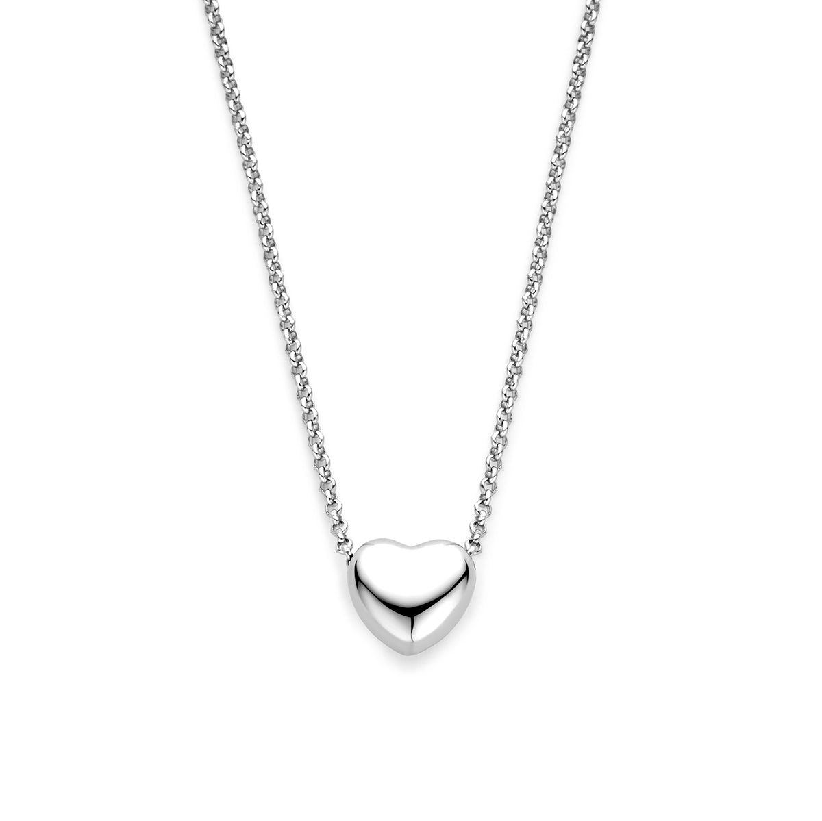 Vooraanzicht van de 925 gerhodineerd zilveren ketting met hartje, 9 mm hoog en 10 mm breed.