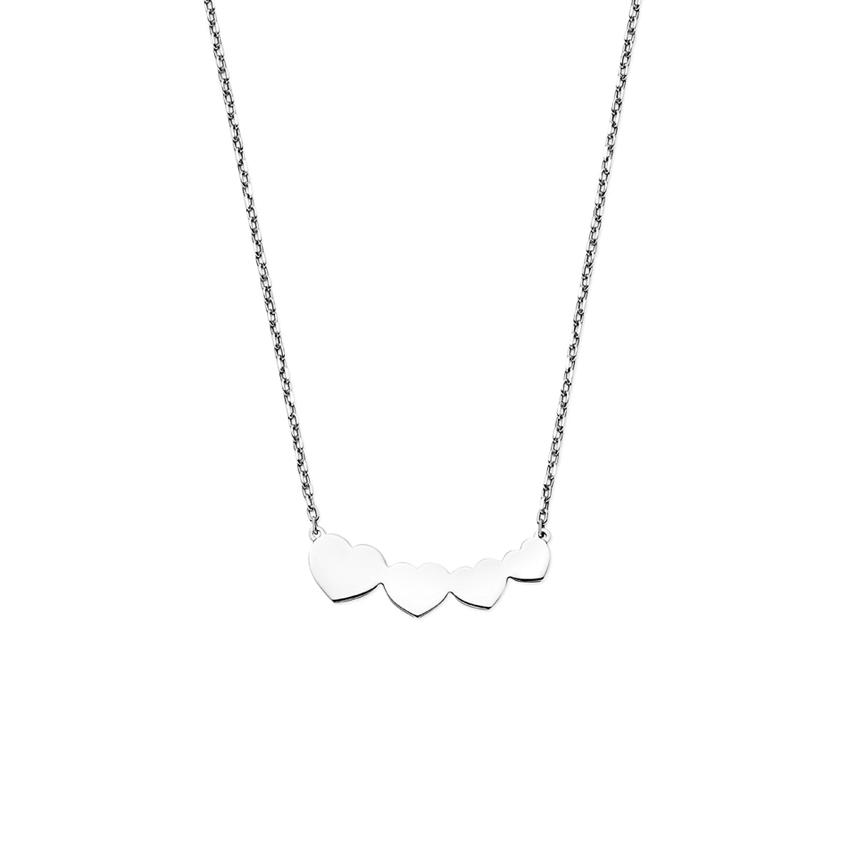 Vooraanzicht van de zilveren ketting met hartjes.