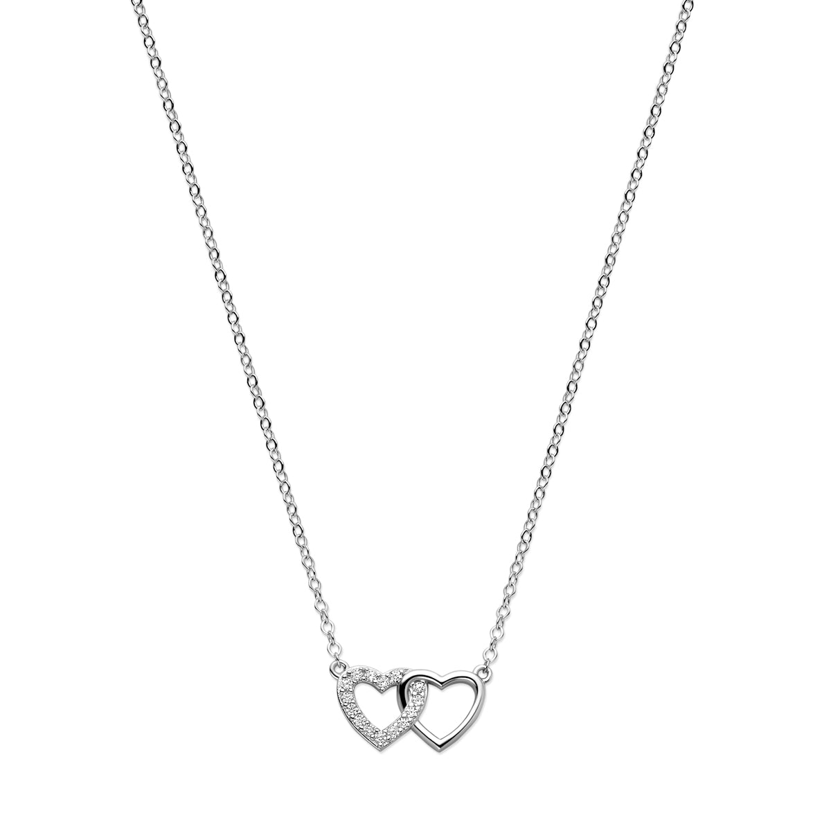 Vooraanzicht van de zilveren ketting met hartjes en zirkonia.