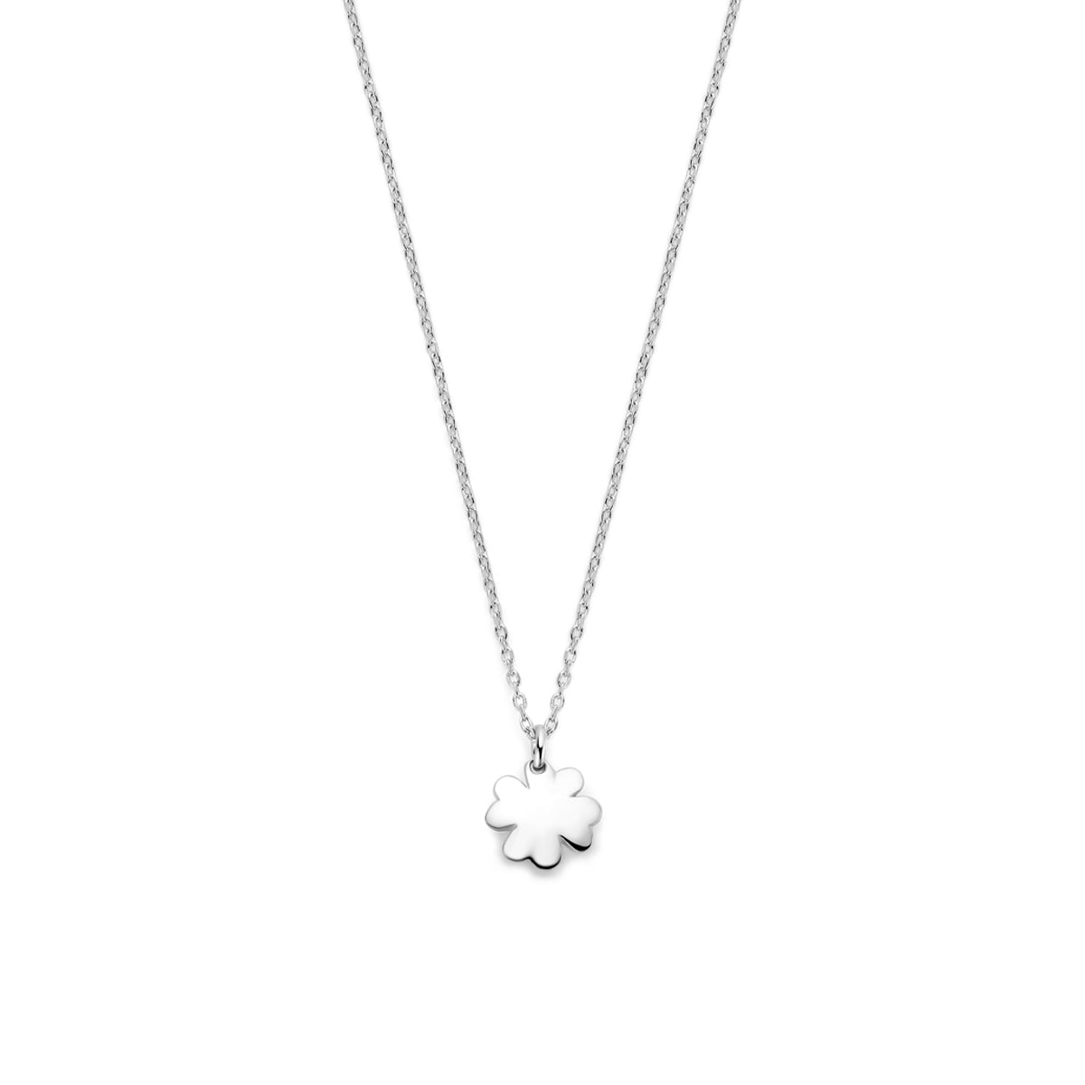 Vooraanzicht van de zilveren ketting met klavertje.