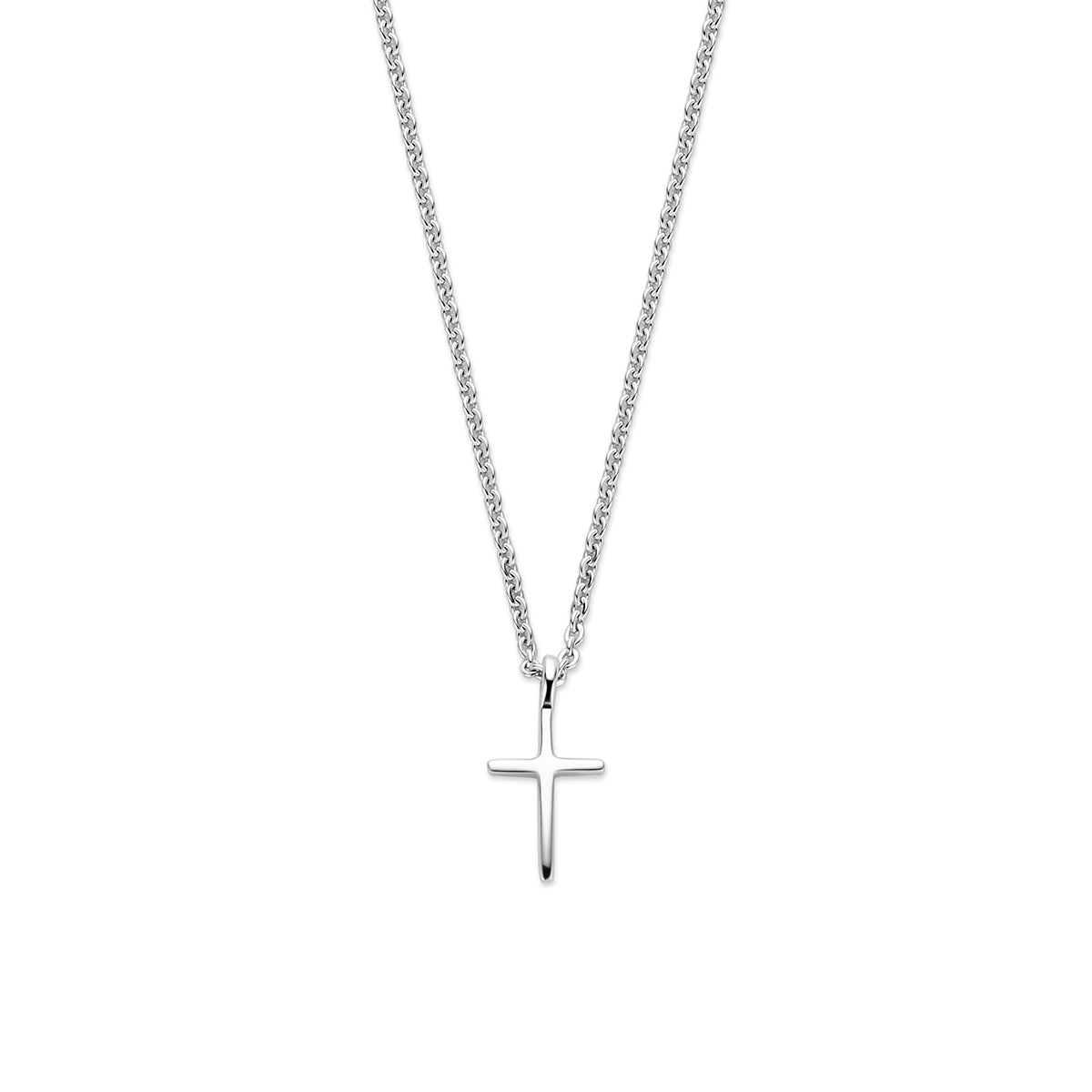 Vooraanzicht van de 925 gerhodineerd zilveren ketting met kruisje, 10,5 mm hoog en 6,5 mm breed.