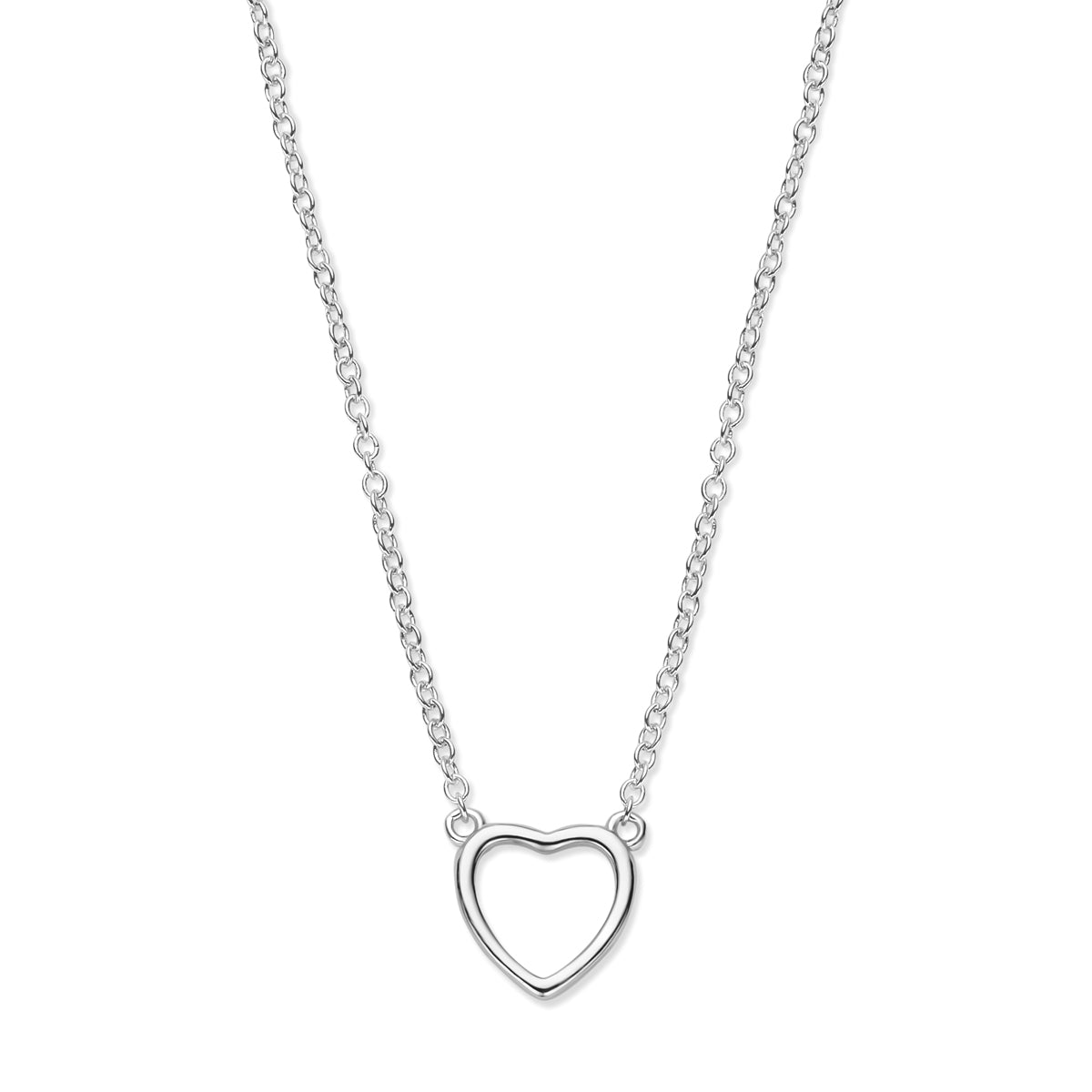 Vooraanzicht van de 925 gerhodineerd zilveren ketting met open hartje, 9,5 mm hoog en 9,5 mm breed.
