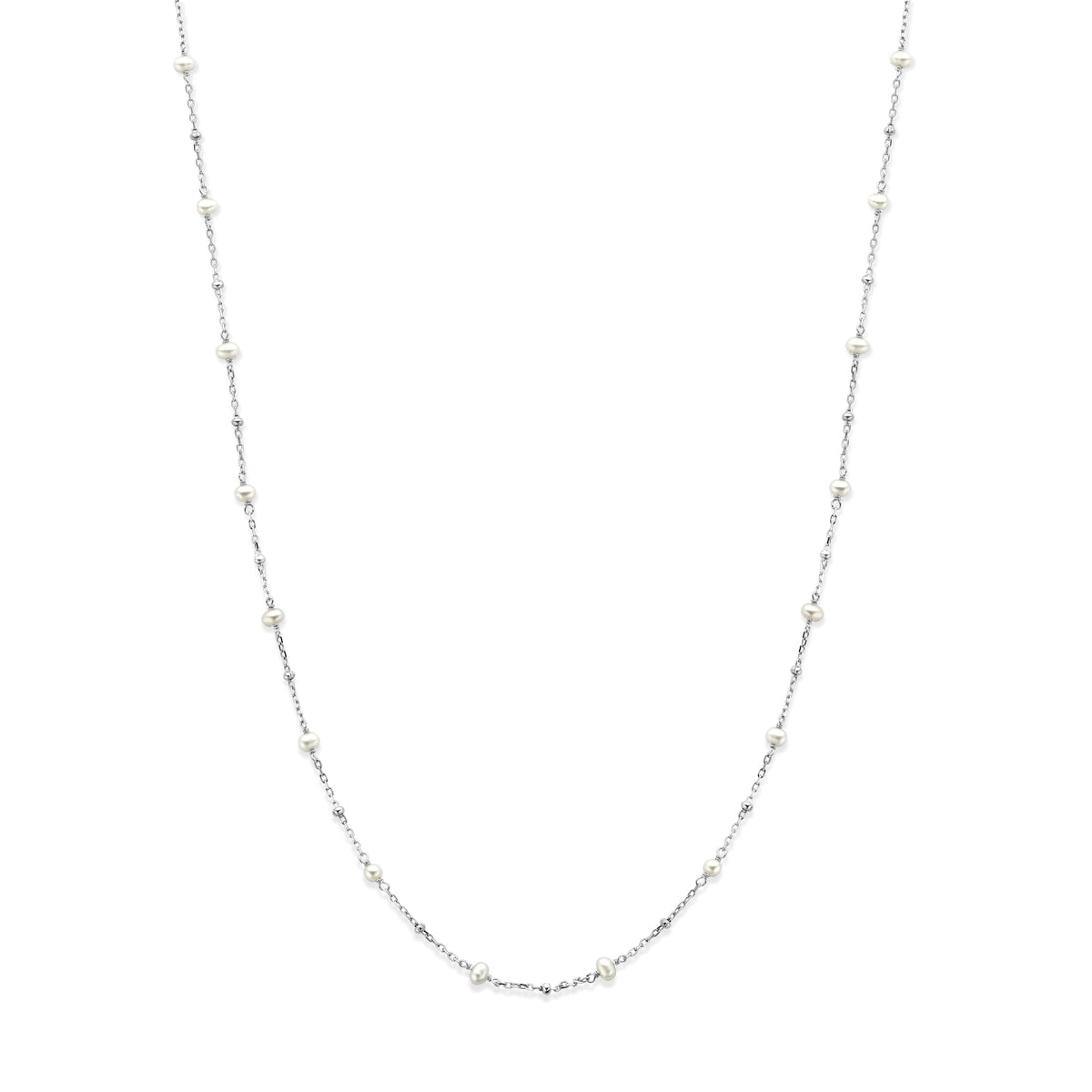 Vooraanzicht van de zilveren ketting met parels.