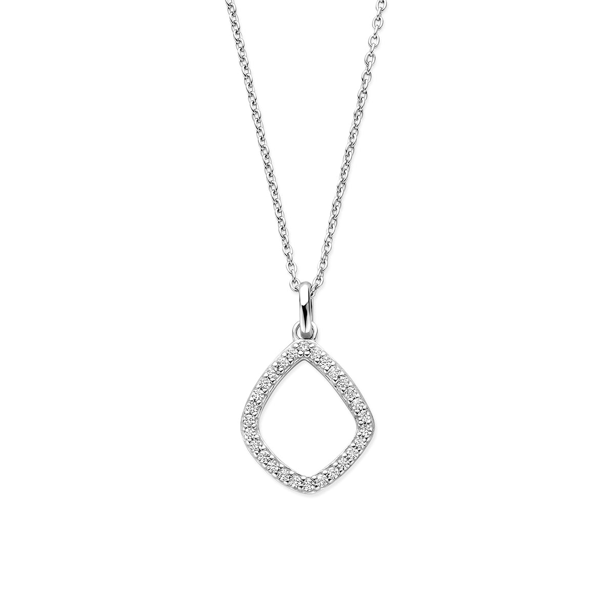 Vooraanzicht van de 925 gerhodineerd zilveren ketting met ruit en zirkonia, 18 mm hoog en 14 mm breed.
