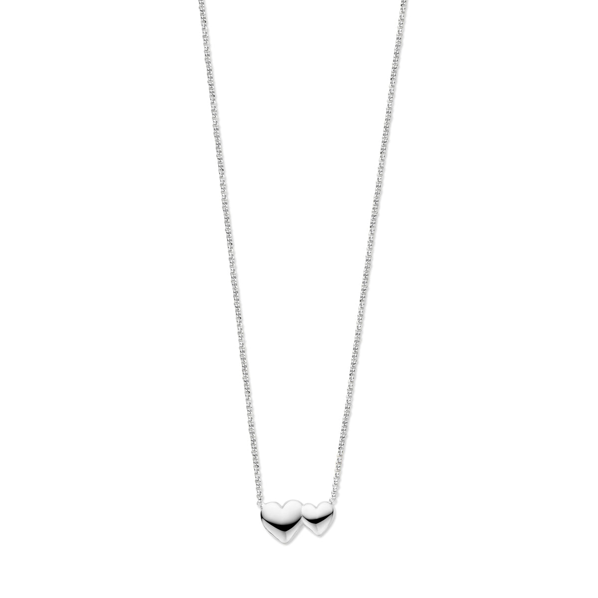 Vooraanzicht van de 925 gerhodineerd zilveren ketting met twee hartjes, 8,5 mm hoog en 14 mm breed.