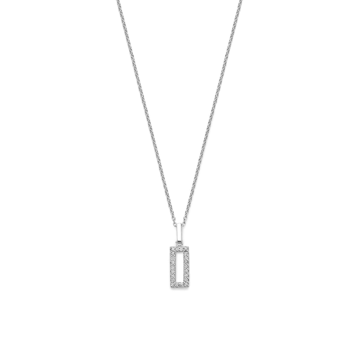Vooraanzicht van de 925 gerhodineerd zilveren ketting met zirkonia hanger, 20 mm hoog en 6 mm breed.