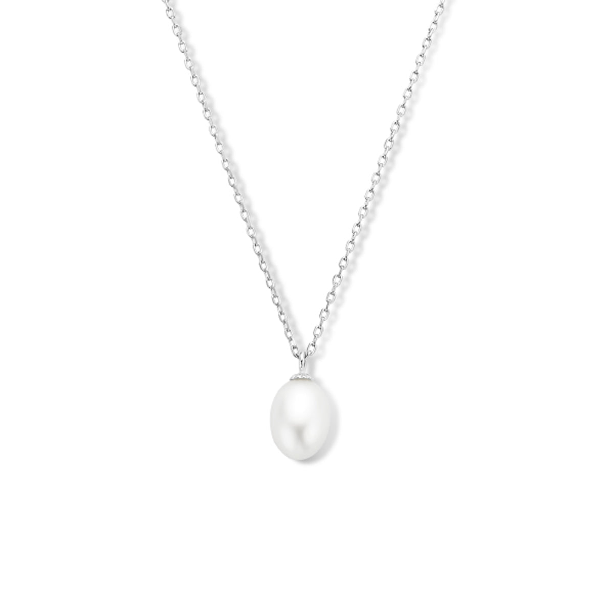 Vooraanzicht van de zilveren ketting met parel.