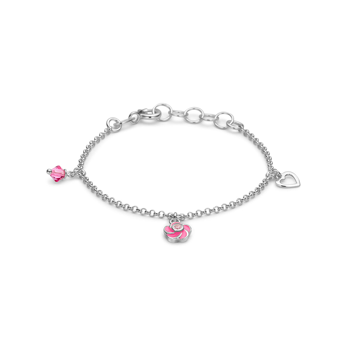 Kinderarmband met bedels: vooraanzicht van de gerhodineerd zilveren kinderarmband met roze bloem en bedels.